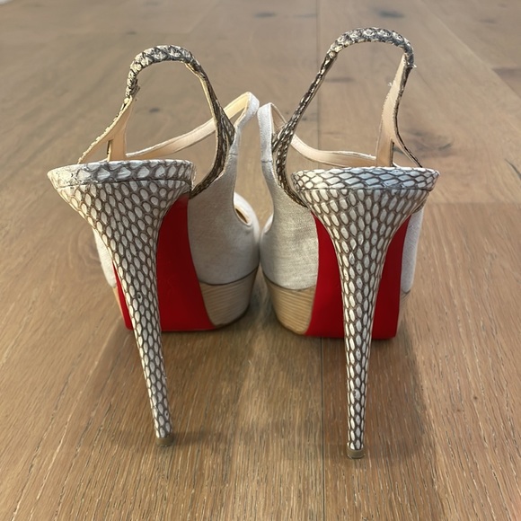 Christian Louboutin Fine Bretelle 140 Naturalle Rocco’s Snakeskin Canvas Heels - Picture 3 of 8
